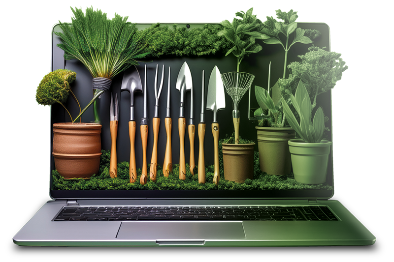 Laptop covered in gardening tools